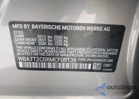 2021 BMW 740I из США, поврежденный, VIN WBA7T2C0XMCF05139